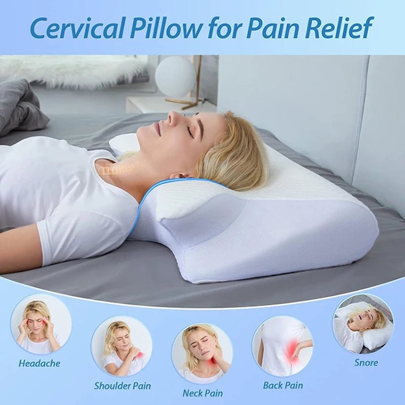 Oreiller orthopédique cervical NEKRA™ 2-en-1 en mémoire de forme, ergonomique pour soulager le mal de cou, vue de face.