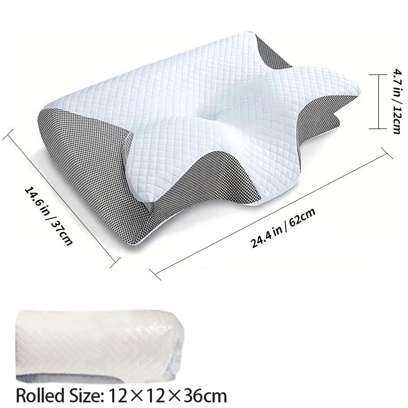 Oreiller cervical ergonomique NEKRA™ 2-en-1 en mémoire de forme pour soulager le mal de cou, conçu pour un confort optimal.