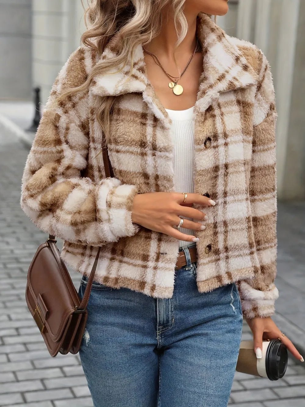 Plaid Button Up Collared Neck Long Sleeve Jacket - 𝐃𝐔𝐕𝐋𝐀𝐒𝐇𝐎𝐏