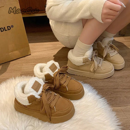Platform Lace - Up Plush Cotton Shoes Women's Winter Outdoor Faux Fur Lined Thickened Anti - Slip Low Top Snow Boots Casual Sneakers - 𝐃𝐔𝐕𝐋𝐀𝐒𝐇𝐎𝐏
