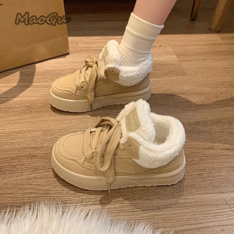 Platform Lace - Up Plush Cotton Shoes Women's Winter Outdoor Faux Fur Lined Thickened Anti - Slip Low Top Snow Boots Casual Sneakers - 𝐃𝐔𝐕𝐋𝐀𝐒𝐇𝐎𝐏