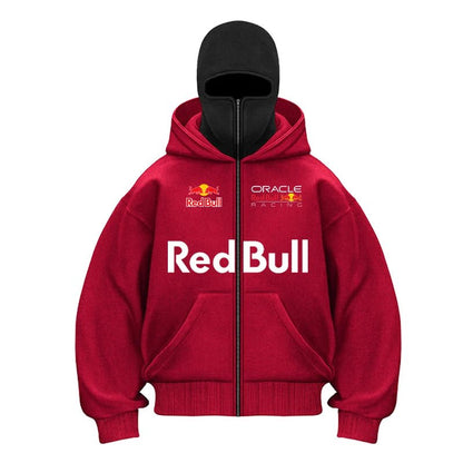Red Bull Logo Winter Motorcycle Jacket Double Hat Design Loose Fit Windproof Hoodie Ninja Mask Sportswear Versatile Winter Outer - 𝐃𝐔𝐕𝐋𝐀𝐒𝐇𝐎𝐏