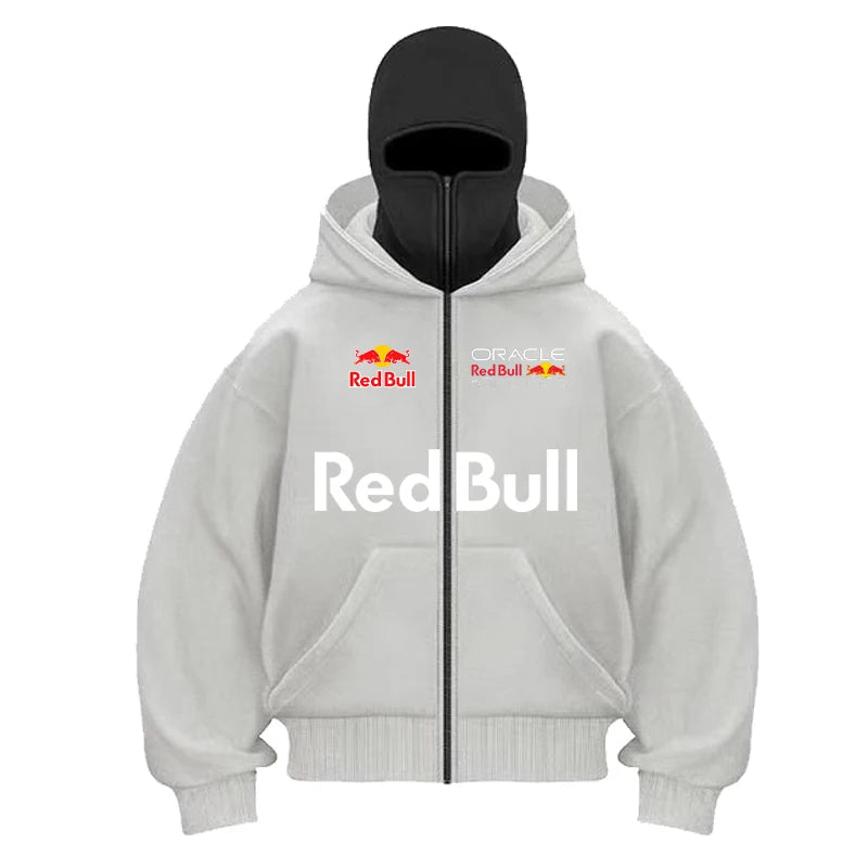 Red Bull Logo Winter Motorcycle Jacket Double Hat Design Loose Fit Windproof Hoodie Ninja Mask Sportswear Versatile Winter Outer - 𝐃𝐔𝐕𝐋𝐀𝐒𝐇𝐎𝐏