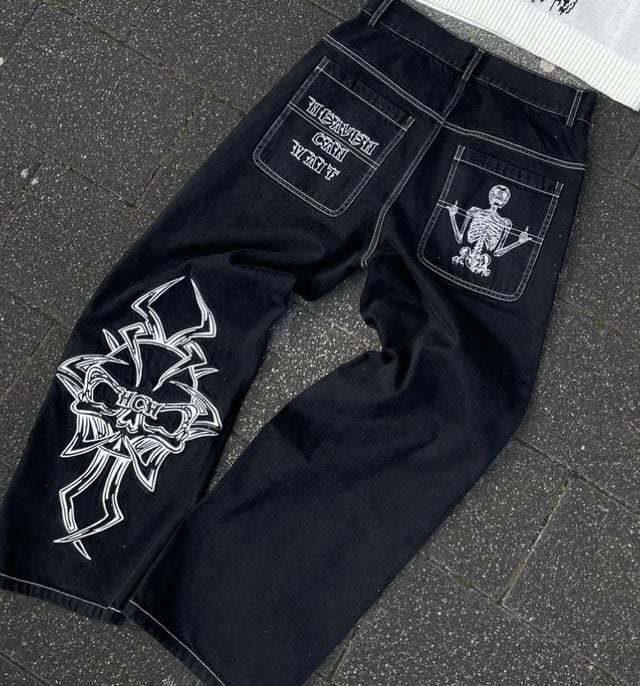 Retro hip - hop goth straight leg loose wide leg skeleton embroidered washed denim jeans for men - 𝐃𝐔𝐕𝐋𝐀𝐒𝐇𝐎𝐏