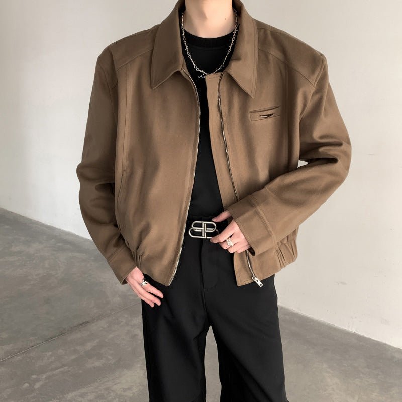 Retro niche metal padded shoulder silhouette zipper woolen coat - 𝐝𝐮𝐯𝐥𝐚𝐬𝐡𝐨𝐩.𝐜𝐨𝐦