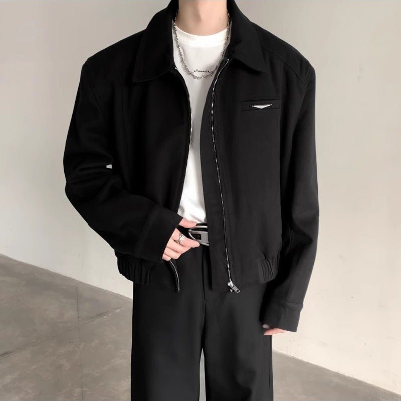 Retro niche metal padded shoulder silhouette zipper woolen coat - 𝐝𝐮𝐯𝐥𝐚𝐬𝐡𝐨𝐩.𝐜𝐨𝐦