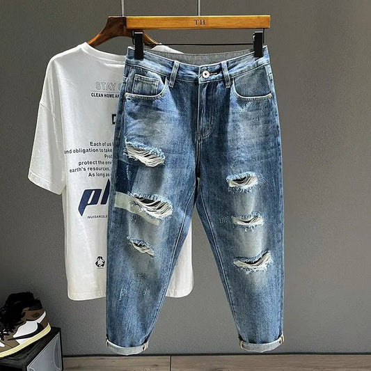Ripped Jeans Men's Pure Cotton Loose Harem Hole Denim Pants Fashion Hip - hop Rock Streetwear Autumn Ankle Length Trousers - 𝐝𝐮𝐯𝐥𝐚𝐬𝐡𝐨𝐩.𝐜𝐨𝐦