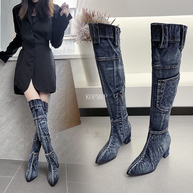 Sexy Jean Boots Women's Knee - High Boot Zipper 6CM High Heel Woman Stylish Jeans Boots Ladies Denim Boot Female Shoes Cowboy - 𝐝𝐮𝐯𝐥𝐚𝐬𝐡𝐨𝐩.𝐜𝐨𝐦