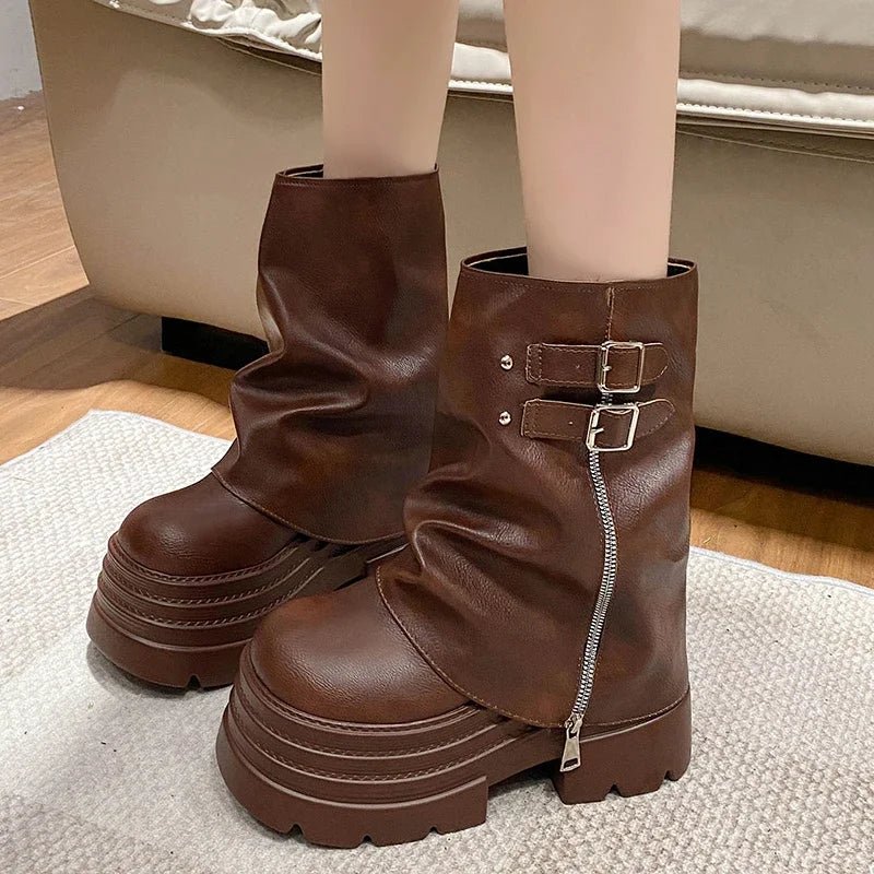 Shoes for Women New Mid - Calf Boots 10CM High Platform Modern Boots Belt Buckle Punk Shoes Female Zip Leather Motorcycle Boots - 𝐃𝐔𝐕𝐋𝐀𝐒𝐇𝐎𝐏