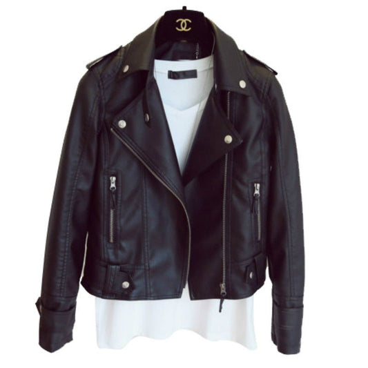 Spring and Autumn fashion women's slim fit lapel motorcycle leather jacket jacket - 𝐃𝐔𝐕𝐋𝐀𝐒𝐇𝐎𝐏