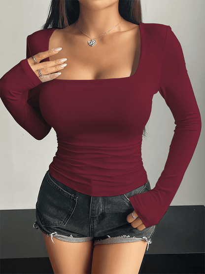 Spring Autumn Wine Red U - Neck Long Sleeve Slim Fit T-Shirt Spicy Girl Style Body Shape Highlighting Top Daily Street Style Versa - 𝐃𝐔𝐕𝐋𝐀𝐒𝐇𝐎𝐏
