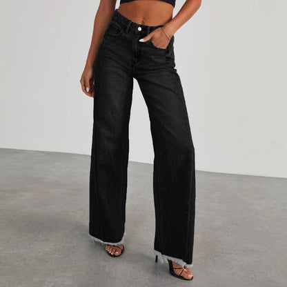 Spring Summer New Women's Clothing Solid Color Loose Wide Leg Side Seam Stitching Frayed Hem Jeans - 𝐝𝐮𝐯𝐥𝐚𝐬𝐡𝐨𝐩.𝐜𝐨𝐦