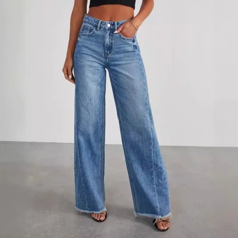 Spring Summer New Women's Clothing Solid Color Loose Wide Leg Side Seam Stitching Frayed Hem Jeans - 𝐝𝐮𝐯𝐥𝐚𝐬𝐡𝐨𝐩.𝐜𝐨𝐦
