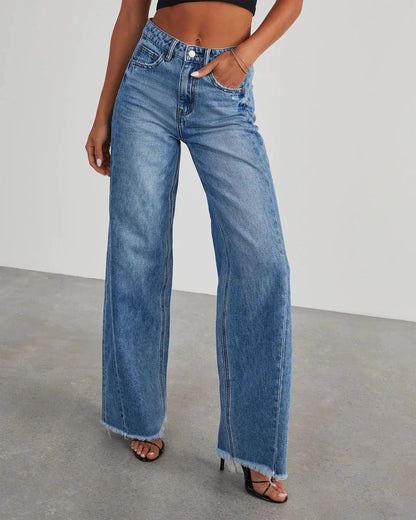 Spring Summer New Women's Clothing Solid Color Loose Wide Leg Side Seam Stitching Frayed Hem Jeans - 𝐝𝐮𝐯𝐥𝐚𝐬𝐡𝐨𝐩.𝐜𝐨𝐦