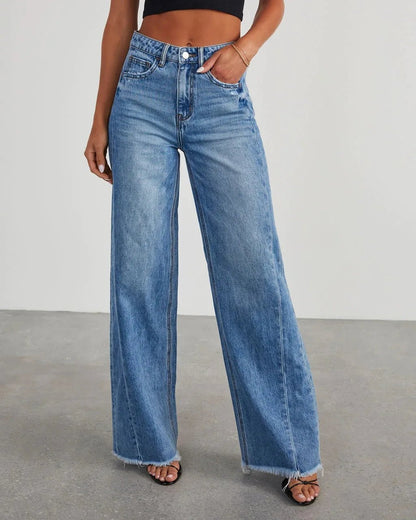 Spring Summer New Women's Clothing Solid Color Loose Wide Leg Side Seam Stitching Frayed Hem Jeans - 𝐝𝐮𝐯𝐥𝐚𝐬𝐡𝐨𝐩.𝐜𝐨𝐦
