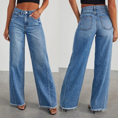 Spring Summer New Women's Clothing Solid Color Loose Wide Leg Side Seam Stitching Frayed Hem Jeans - 𝐝𝐮𝐯𝐥𝐚𝐬𝐡𝐨𝐩.𝐜𝐨𝐦