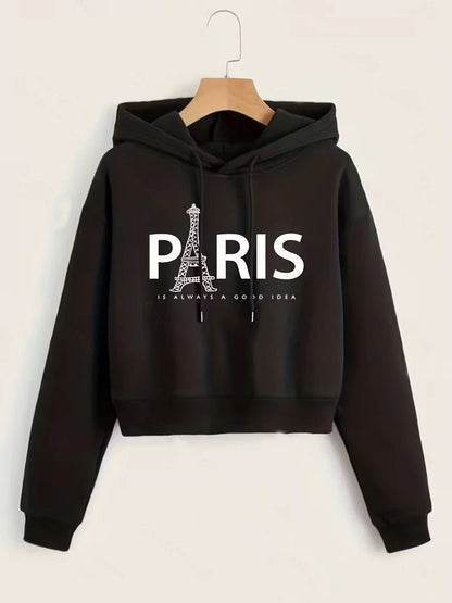 Street Style Paris Eiffel Tower Autumn Winter Cropped Sweatshirt Crop Top Hoodie Y2k Sweatshirts Fashion Casual Style Clothes - 𝐃𝐔𝐕𝐋𝐀𝐒𝐇𝐎𝐏