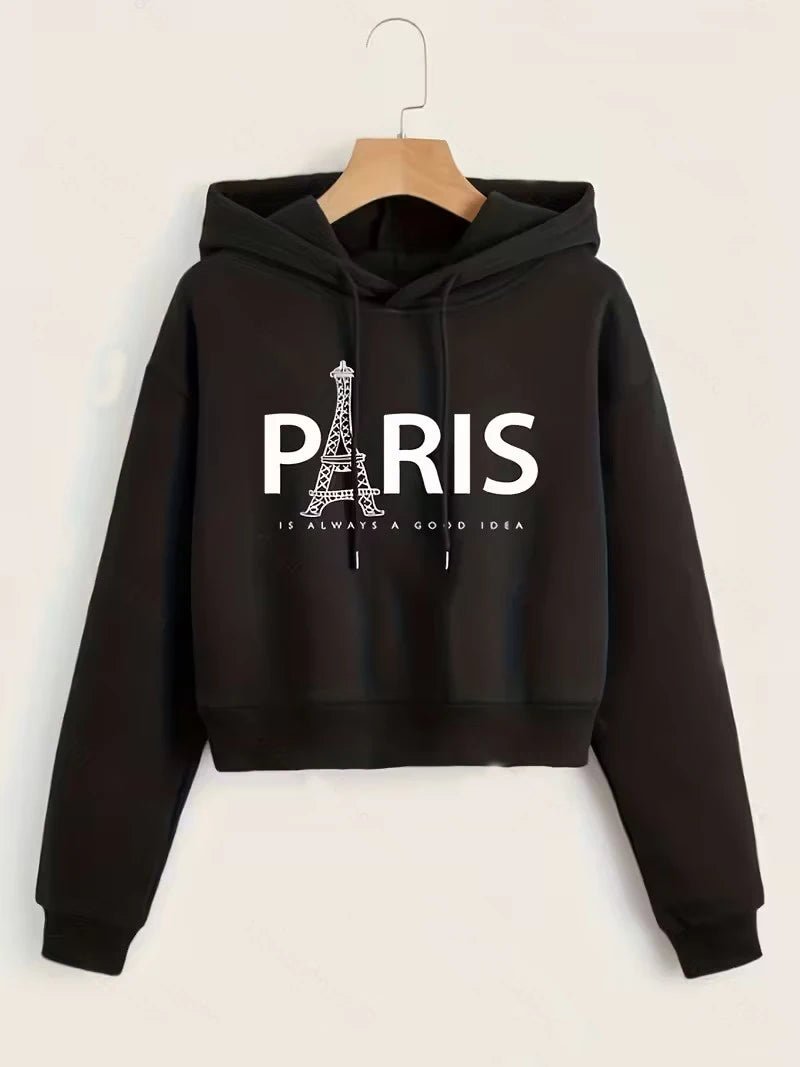 Street Style Paris Eiffel Tower Autumn Winter Cropped Sweatshirt Crop Top Hoodie Y2k Sweatshirts Fashion Casual Style Clothes - 𝐃𝐔𝐕𝐋𝐀𝐒𝐇𝐎𝐏