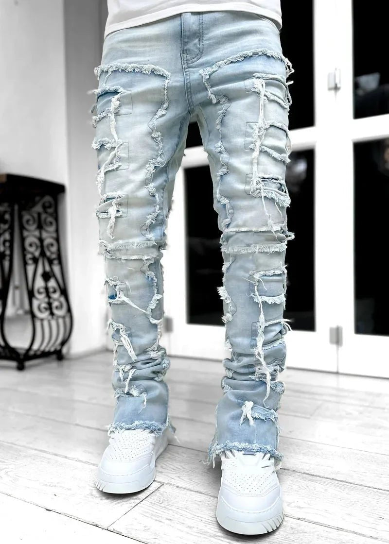 Stretchy Vintage Blue Stacked Jeans For Men Premium Raw Frayed Denim Destroyed Washed Patchworks Pants New - 𝐝𝐮𝐯𝐥𝐚𝐬𝐡𝐨𝐩.𝐜𝐨𝐦