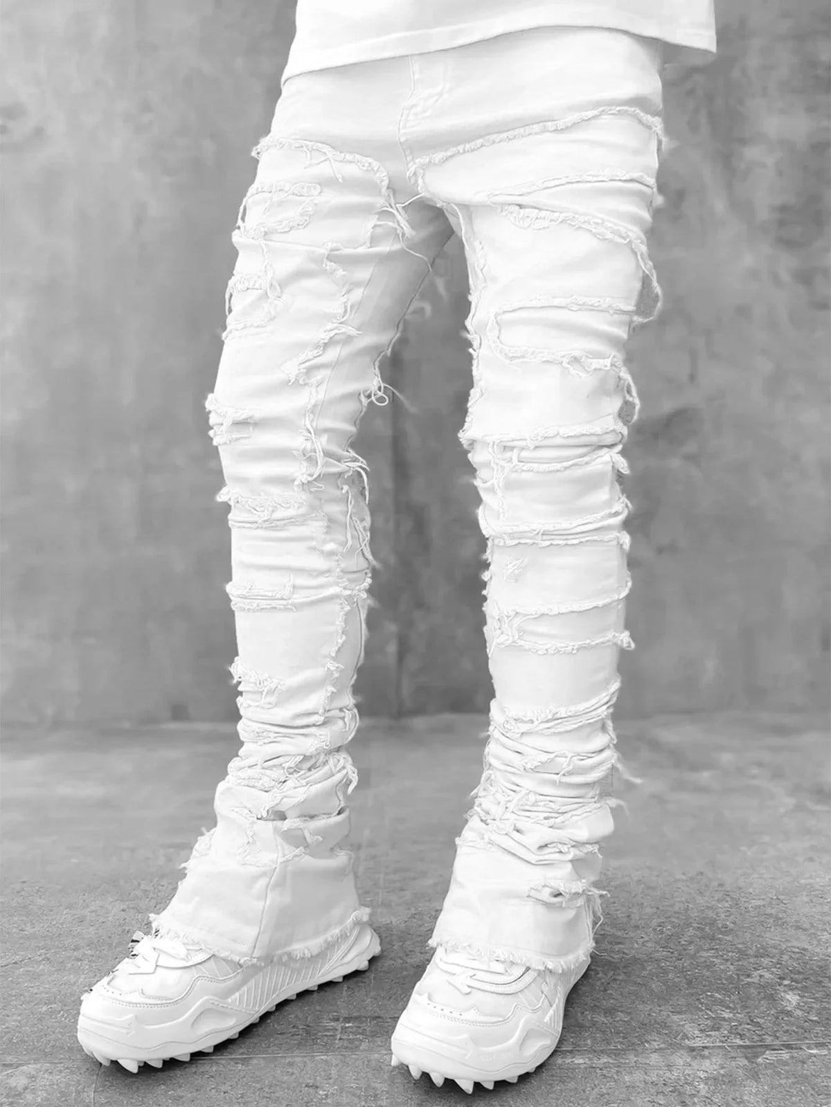 Stretchy Vintage Blue Stacked Jeans For Men Premium Raw Frayed Denim Destroyed Washed Patchworks Pants New - 𝐃𝐔𝐕𝐋𝐀𝐒𝐇𝐎𝐏