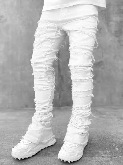 Stretchy Vintage Blue Stacked Jeans For Men Premium Raw Frayed Denim Destroyed Washed Patchworks Pants New - 𝐃𝐔𝐕𝐋𝐀𝐒𝐇𝐎𝐏