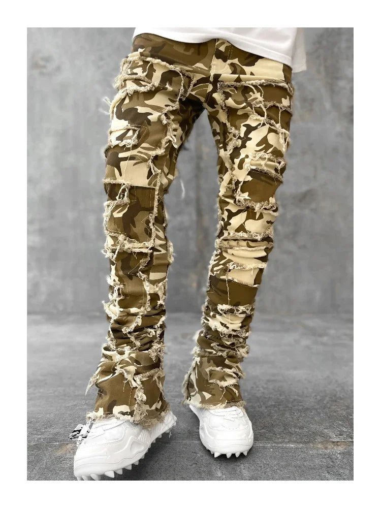 Stretchy Vintage Blue Stacked Jeans For Men Premium Raw Frayed Denim Destroyed Washed Patchworks Pants New - 𝐝𝐮𝐯𝐥𝐚𝐬𝐡𝐨𝐩.𝐜𝐨𝐦