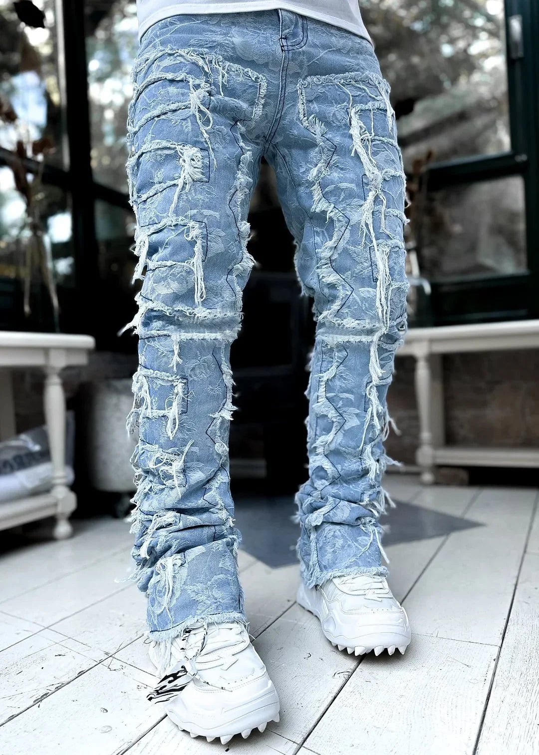Stretchy Vintage Blue Stacked Jeans For Men Premium Raw Frayed Denim Destroyed Washed Patchworks Pants New - 𝐝𝐮𝐯𝐥𝐚𝐬𝐡𝐨𝐩.𝐜𝐨𝐦