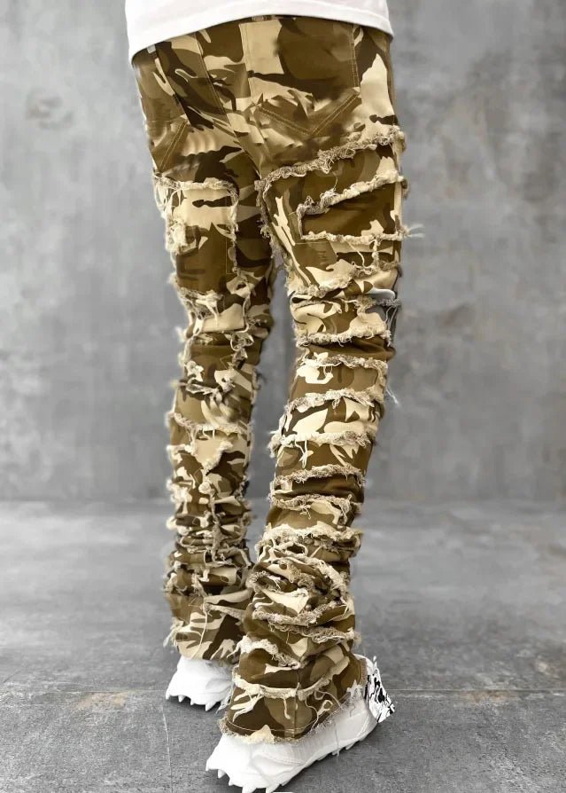 Stretchy Vintage Blue Stacked Jeans For Men Premium Raw Frayed Denim Destroyed Washed Patchworks Pants New - 𝐃𝐔𝐕𝐋𝐀𝐒𝐇𝐎𝐏