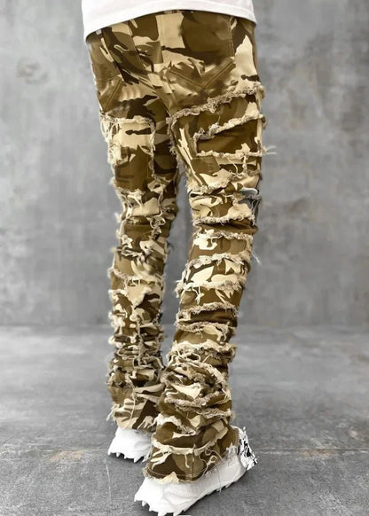 Stretchy Vintage Blue Stacked Jeans For Men Premium Raw Frayed Denim Destroyed Washed Patchworks Pants New - 𝐃𝐔𝐕𝐋𝐀𝐒𝐇𝐎𝐏