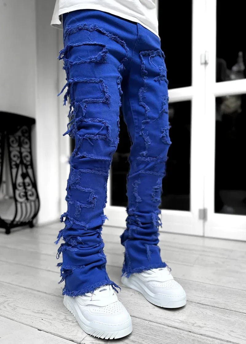 Stretchy Vintage Blue Stacked Jeans For Men Premium Raw Frayed Denim Destroyed Washed Patchworks Pants New - 𝐃𝐔𝐕𝐋𝐀𝐒𝐇𝐎𝐏