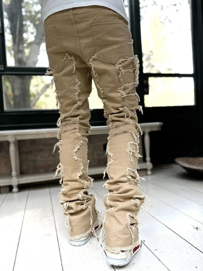 Stretchy Vintage Blue Stacked Jeans For Men Premium Raw Frayed Denim Destroyed Washed Patchworks Pants New - 𝐝𝐮𝐯𝐥𝐚𝐬𝐡𝐨𝐩.𝐜𝐨𝐦