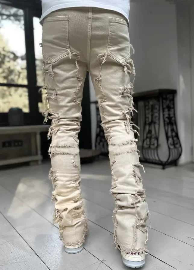 Stretchy Vintage Blue Stacked Jeans For Men Premium Raw Frayed Denim Destroyed Washed Patchworks Pants New - 𝐃𝐔𝐕𝐋𝐀𝐒𝐇𝐎𝐏