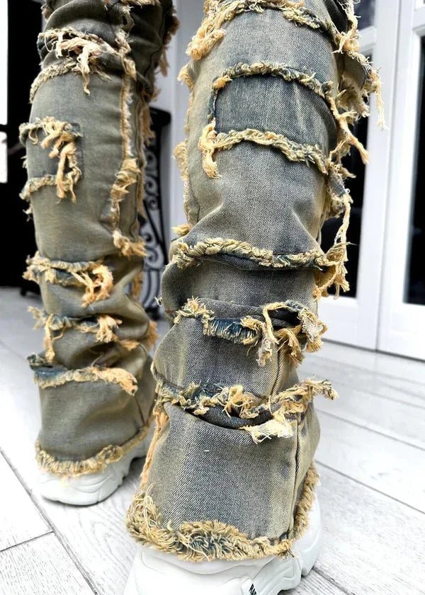 Stretchy Vintage Blue Stacked Jeans For Men Premium Raw Frayed Denim Destroyed Washed Patchworks Pants New - 𝐝𝐮𝐯𝐥𝐚𝐬𝐡𝐨𝐩.𝐜𝐨𝐦