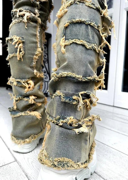 Stretchy Vintage Blue Stacked Jeans For Men Premium Raw Frayed Denim Destroyed Washed Patchworks Pants New - 𝐝𝐮𝐯𝐥𝐚𝐬𝐡𝐨𝐩.𝐜𝐨𝐦