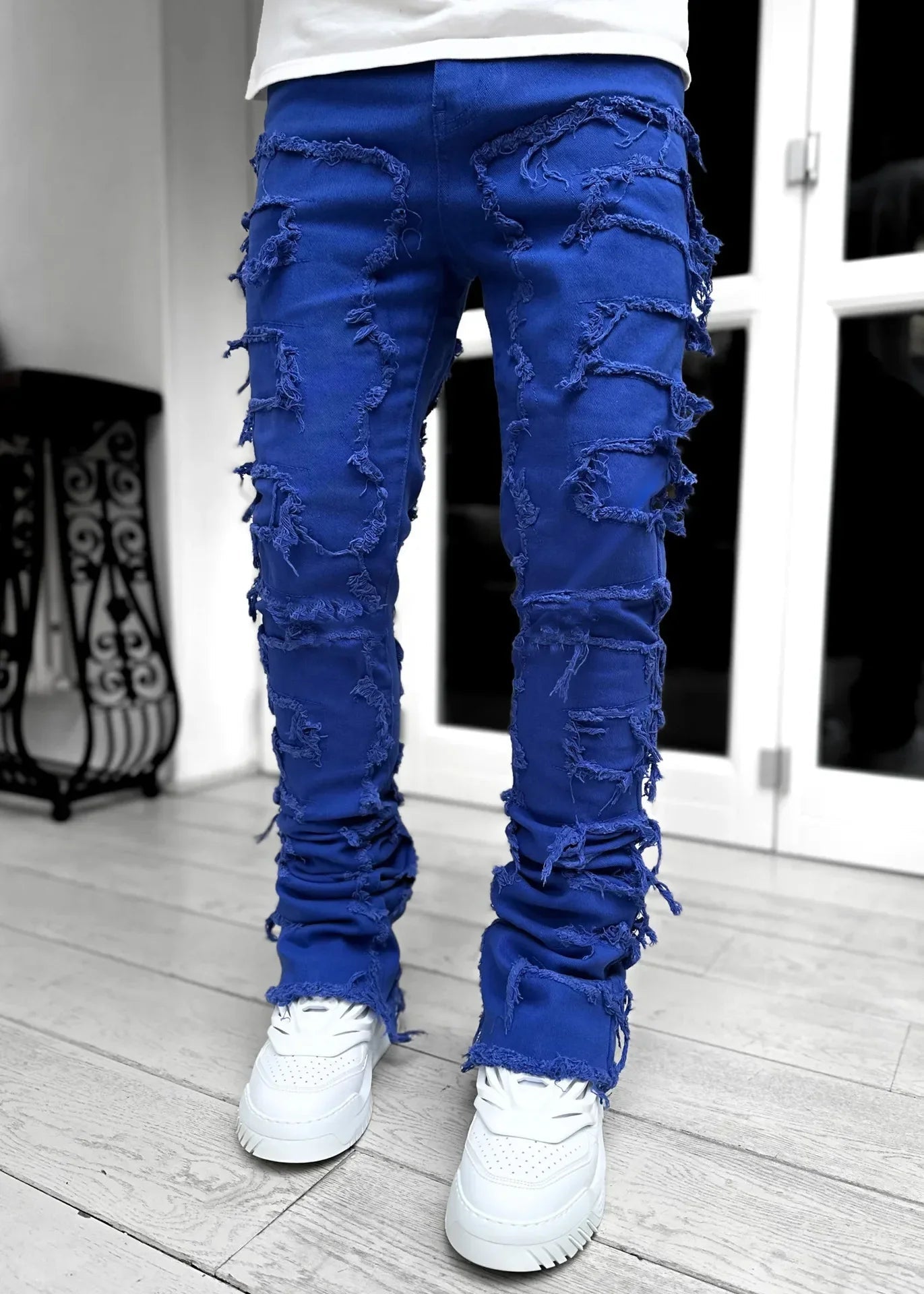Stretchy Vintage Blue Stacked Jeans For Men Premium Raw Frayed Denim Destroyed Washed Patchworks Pants New - 𝐃𝐔𝐕𝐋𝐀𝐒𝐇𝐎𝐏