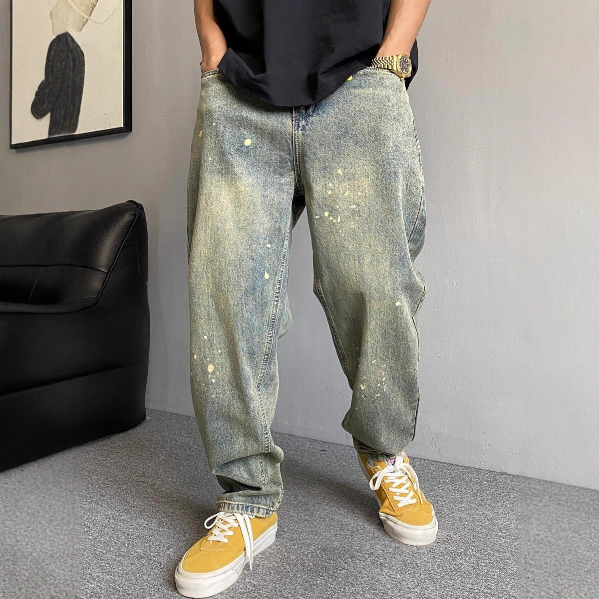 Style Winter Casual Streetwear Washed Vintage Splatter Denim Pants Men Straight Loose Oversize Versatile Tapered Jeans - 𝐝𝐮𝐯𝐥𝐚𝐬𝐡𝐨𝐩.𝐜𝐨𝐦