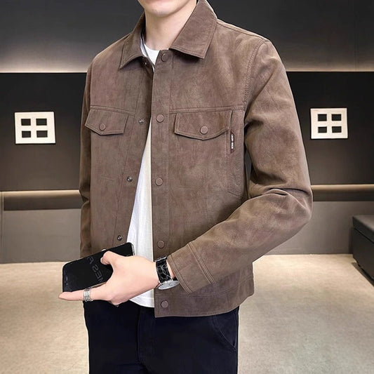 Suede Jacket Men Autumn Winter Fashion Brand Turn - down Collar Slim Fit Trendy Outerwear - 𝐝𝐮𝐯𝐥𝐚𝐬𝐡𝐨𝐩.𝐜𝐨𝐦