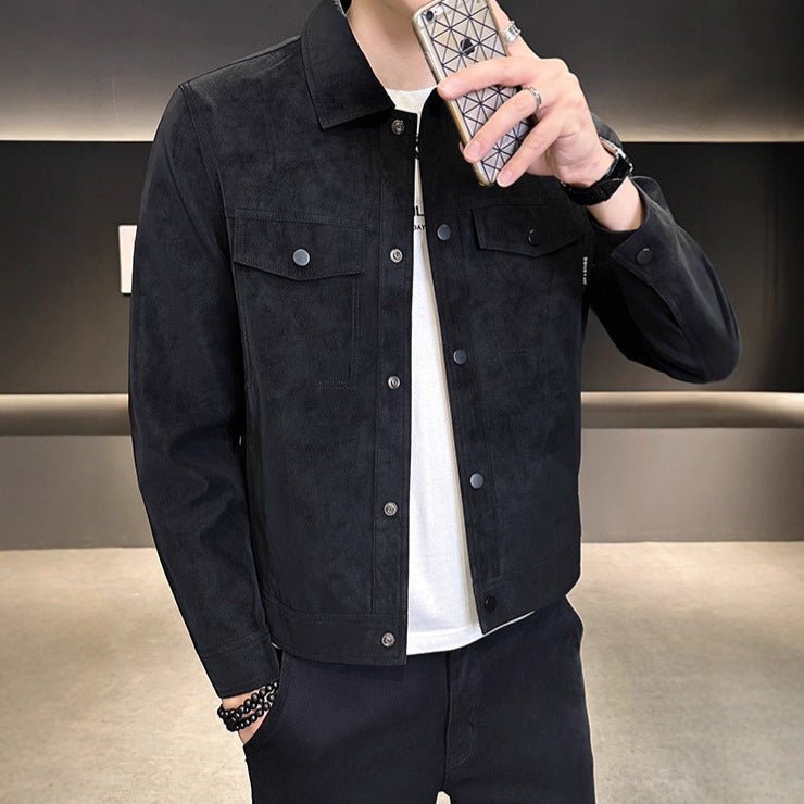 Suede Jacket Men Autumn Winter Fashion Brand Turn - down Collar Slim Fit Trendy Outerwear - 𝐝𝐮𝐯𝐥𝐚𝐬𝐡𝐨𝐩.𝐜𝐨𝐦