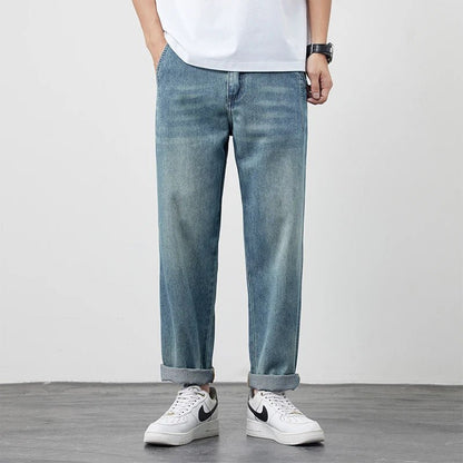 Summer Ice Silk LyocellTencel straight jeans men's light blue retro loose small straight tube elastic denim thin version pants - 𝐝𝐮𝐯𝐥𝐚𝐬𝐡𝐨𝐩.𝐜𝐨𝐦