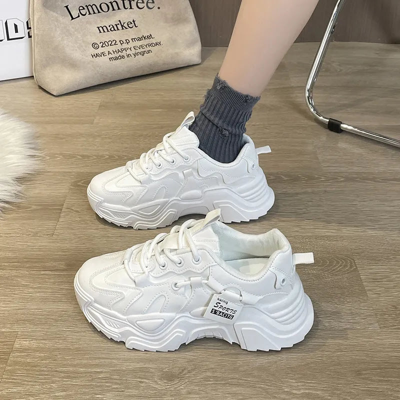 Thick soled women's white single shoes Korean version color blocked lace up height for casual running - 𝐝𝐮𝐯𝐥𝐚𝐬𝐡𝐨𝐩.𝐜𝐨𝐦