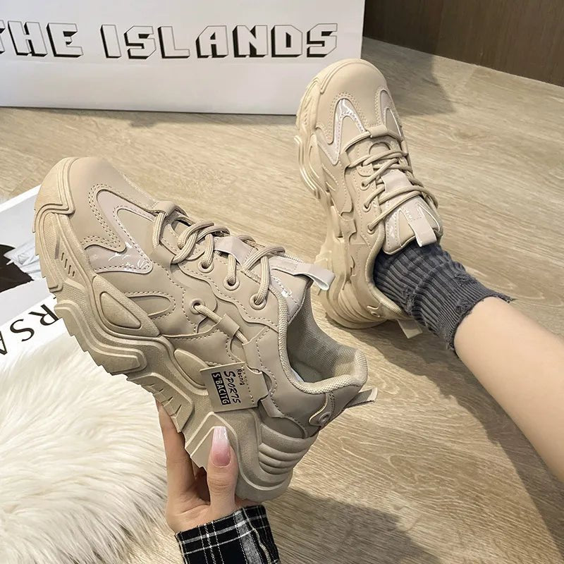Thick soled women's white single shoes Korean version color blocked lace up height for casual running - 𝐝𝐮𝐯𝐥𝐚𝐬𝐡𝐨𝐩.𝐜𝐨𝐦