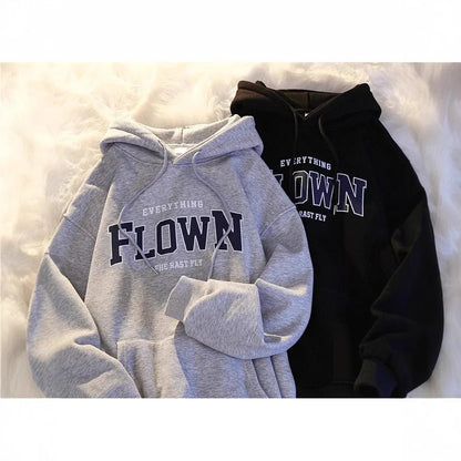 Thickened Fleece Hoodie Women's Autumn Winter American Retro Letter Loose BF Style Casual Jacket Comfortable Polyester Long S... - 𝐃𝐔𝐕𝐋𝐀𝐒𝐇𝐎𝐏