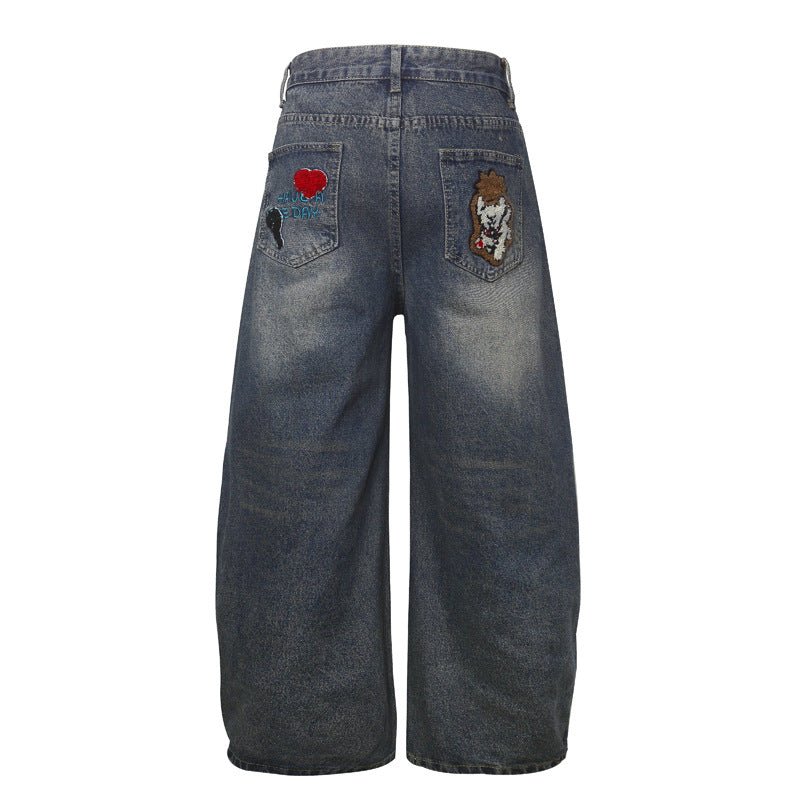 Vintage Cartoon Towel Embroidery Washed Knife - Edge Jeans Men Autumn Pendant Design Loose Wide - Leg Pants - 𝐃𝐔𝐕𝐋𝐀𝐒𝐇𝐎𝐏