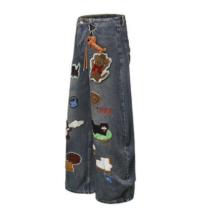 Vintage Cartoon Towel Embroidery Washed Knife - Edge Jeans Men Autumn Pendant Design Loose Wide - Leg Pants - 𝐃𝐔𝐕𝐋𝐀𝐒𝐇𝐎𝐏