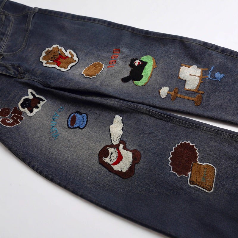 Vintage Cartoon Towel Embroidery Washed Knife - Edge Jeans Men Autumn Pendant Design Loose Wide - Leg Pants - 𝐃𝐔𝐕𝐋𝐀𝐒𝐇𝐎𝐏