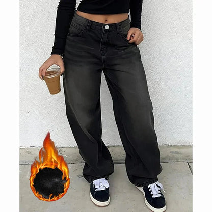Winter Lady Plush Thermal High Waist Thin Jeans Girls Fleece Snow Warm Denim Pants Female Comfortable Straight Leg Trousers - 𝐃𝐔𝐕𝐋𝐀𝐒𝐇𝐎𝐏