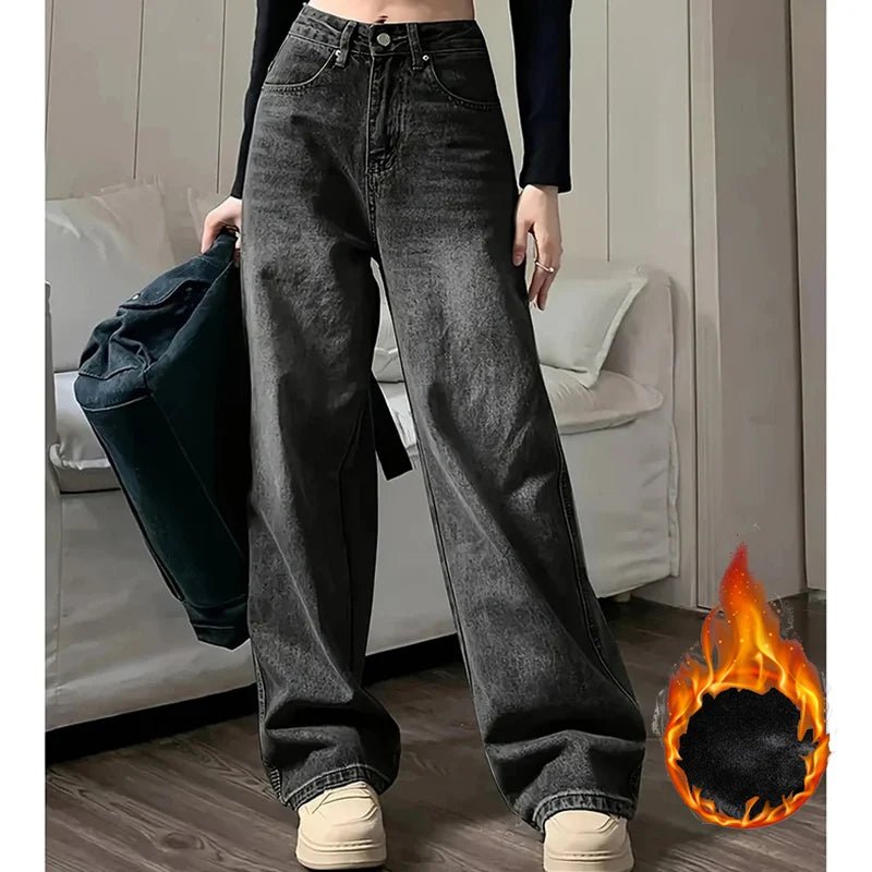 Winter Lady Plush Thermal High Waist Thin Jeans Girls Fleece Snow Warm Denim Pants Female Comfortable Straight Leg Trousers - 𝐃𝐔𝐕𝐋𝐀𝐒𝐇𝐎𝐏