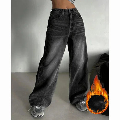 Winter Lady Plush Thermal High Waist Thin Jeans Girls Fleece Snow Warm Denim Pants Female Comfortable Straight Leg Trousers - 𝐃𝐔𝐕𝐋𝐀𝐒𝐇𝐎𝐏