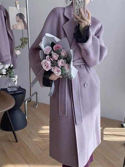 Winter Popular New Long Mulberry Silk Woolen Overcoat Women Double Breasted Lacing Belt Classic Pink Loose Wool Coat Jacket - 𝐃𝐔𝐕𝐋𝐀𝐒𝐇𝐎𝐏