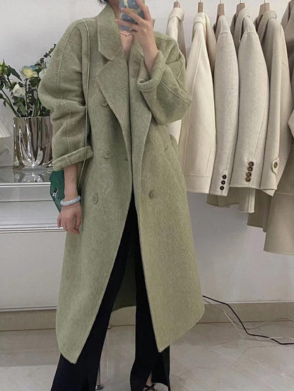 Winter Popular New Long Mulberry Silk Woolen Overcoat Women Double Breasted Lacing Belt Classic Pink Loose Wool Coat Jacket - 𝐃𝐔𝐕𝐋𝐀𝐒𝐇𝐎𝐏